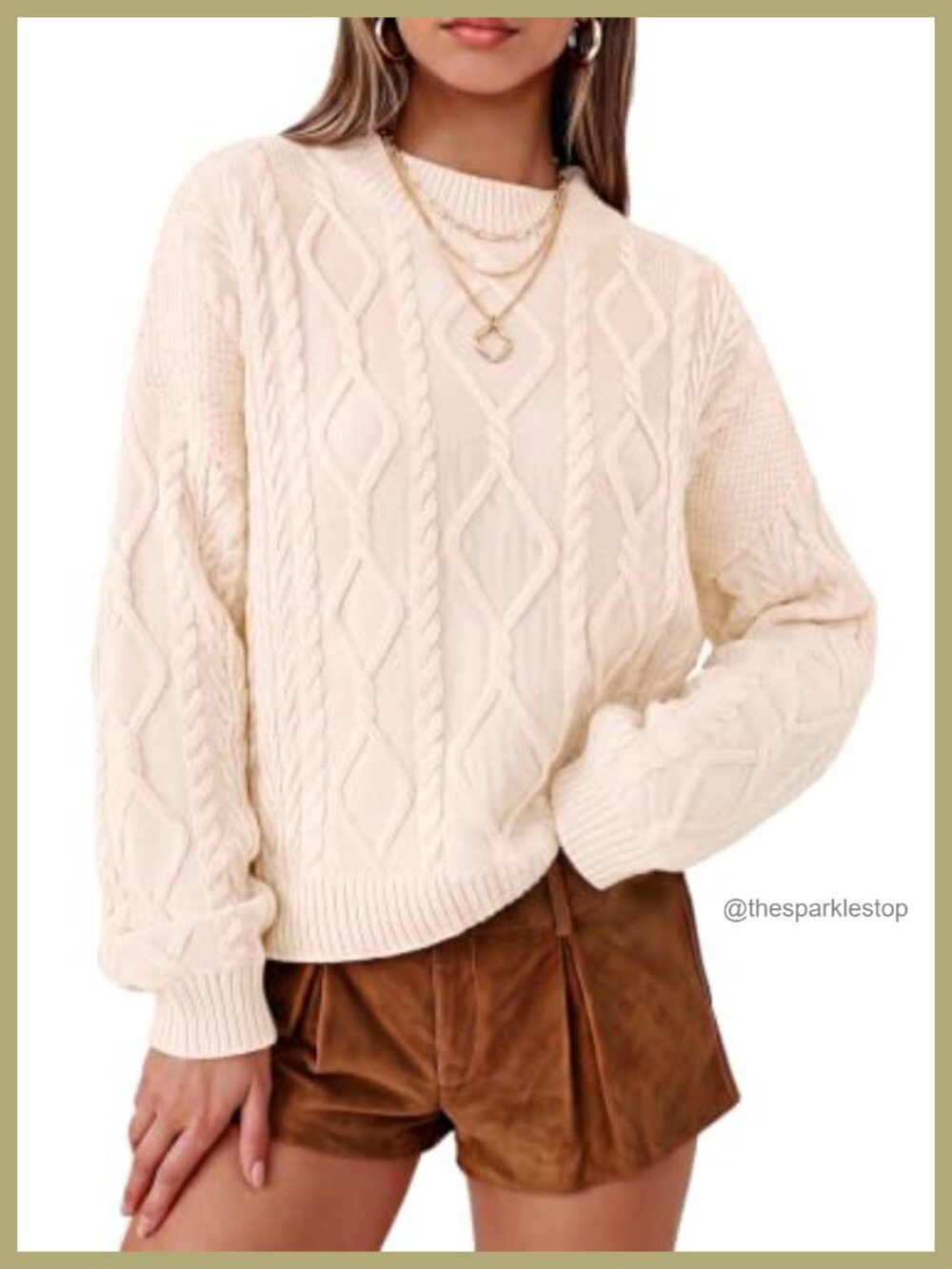 Oversized Cropped Cable Knit Cotton Sweater Pullover Long Sleeve Crewneck